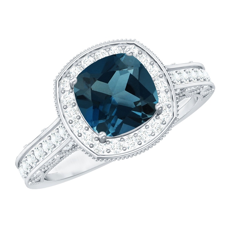 Vintage Cushion Cut London Blue Topaz Halo Engagement Ring with Diamond