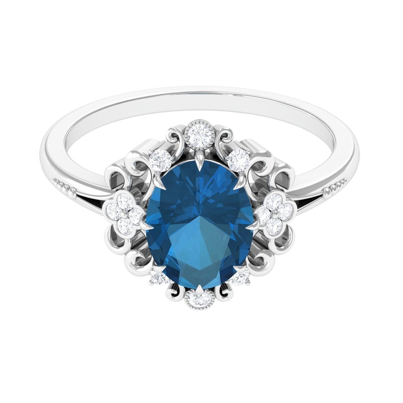 Vintage Inspired London Blue Topaz Engagement Ring with Diamond