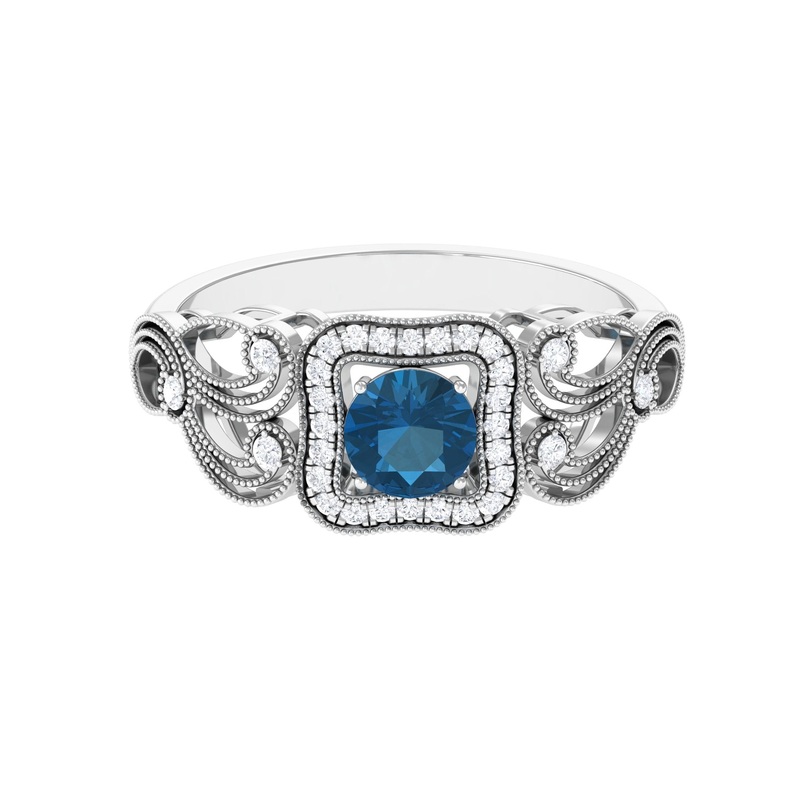 Vintage London Blue Topaz and Diamond Milgrain Engagement Ring