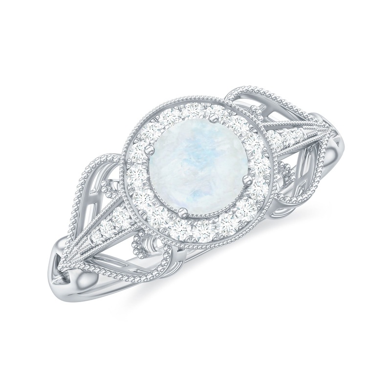 Vintage Moonstone Diamond Engagement Ring with Beaded Detail