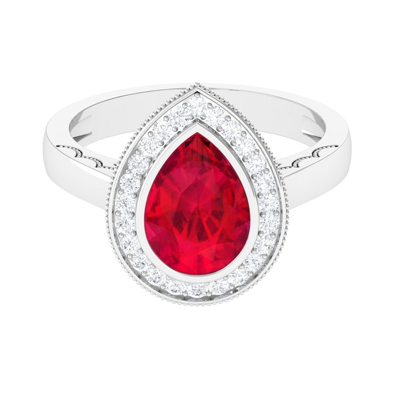 Vintage Style Created Ruby Teardrop Engagement Ring with Diamond Halo