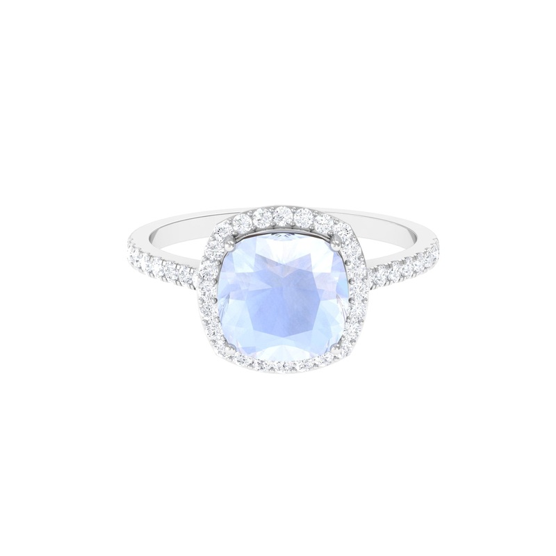Vintage Style Cushion Cut Moonstone Halo Engagement Ring with Moissanite