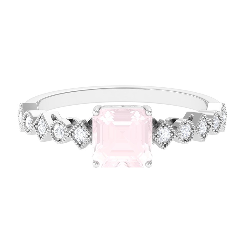 1.5 CT Asscher Cut Rose Quartz Solitaire Engagement Ring with Diamond
