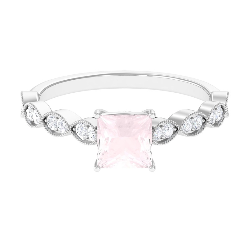 1.5 CT Princess Cut Rose Quartz Engagement Ring with Diamond Side Stones