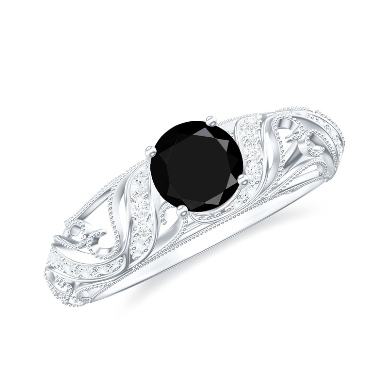 1 CT Vintage Style Created Black Diamond Engagement Ring with Diamond