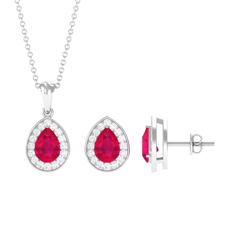 3.25 CT Pear Cut Ruby and Moissanite Pendant and Earring Set