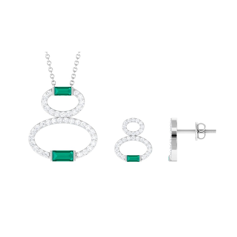 Baguette Cut Emerald Classic Necklace and Earrings Set with Diamond
