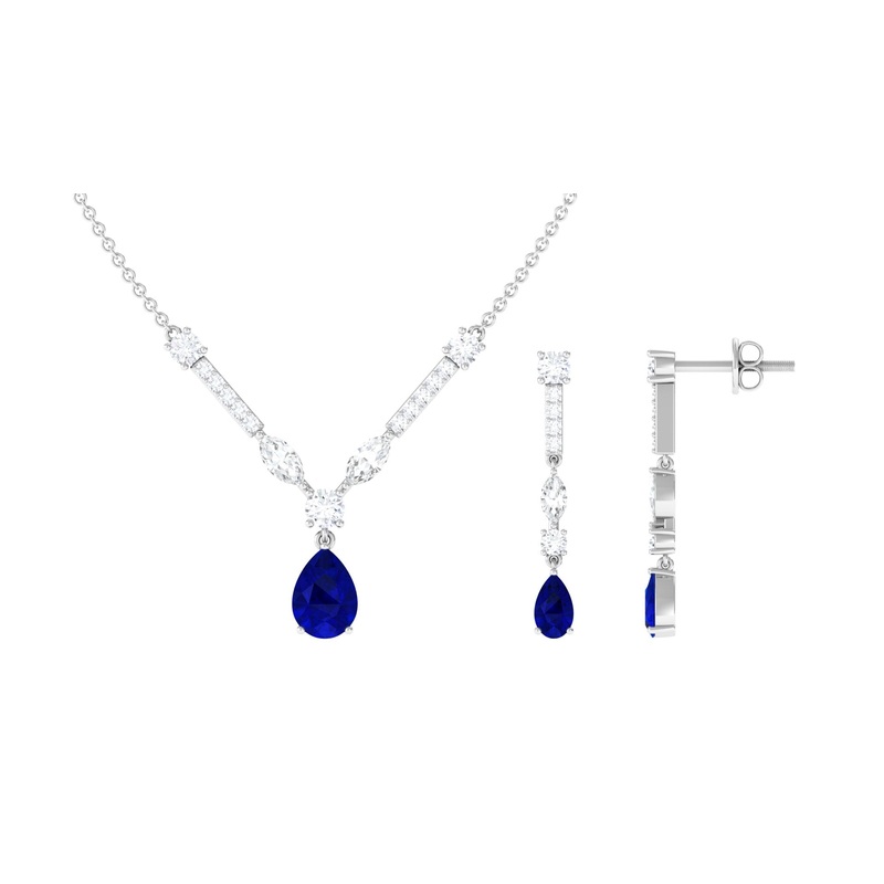 Created Blue Sapphire and Moissanite Drop Necklace Earrings Set
