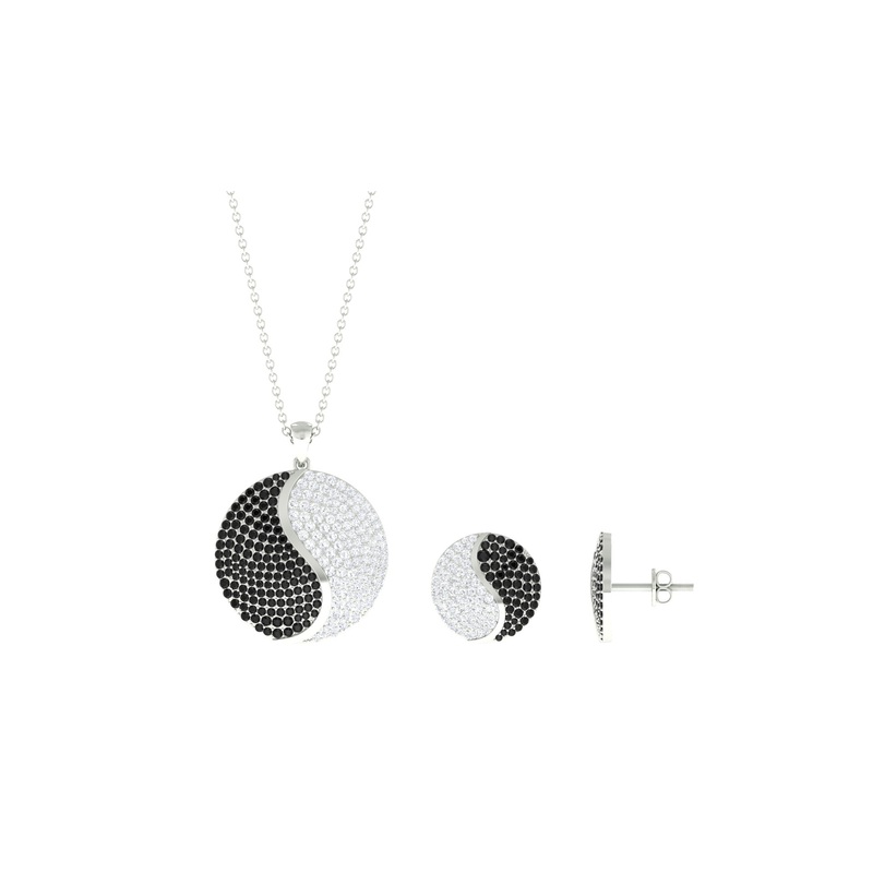 Natural Black Diamond and Moissanite Yin Yang Pendant Earrings Set