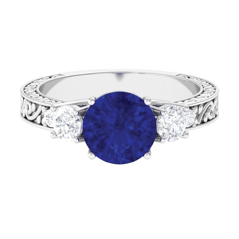 Round Created Blue Sapphire and Moissanite Art Deco Engagement Ring in Gold