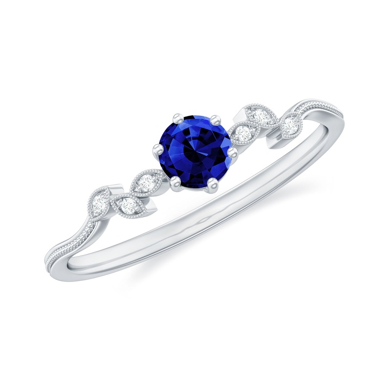 Round Created Blue Sapphire Minimal Leaf Promise Ring with Diamond in Gold