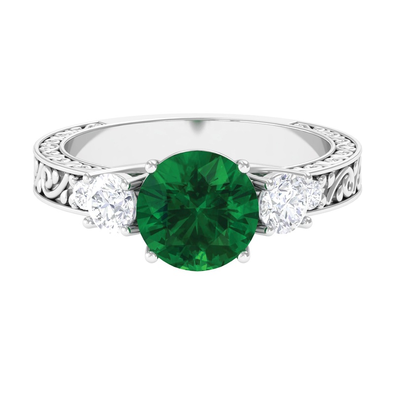 Round Created Emerald and Moissanite Art Deco Engagement Ring in Gold