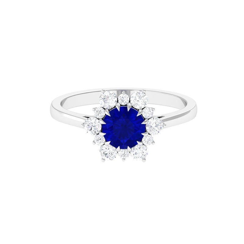 Round Cut Created Blue Sapphire Classic Halo Engagement Ring with Moissanite