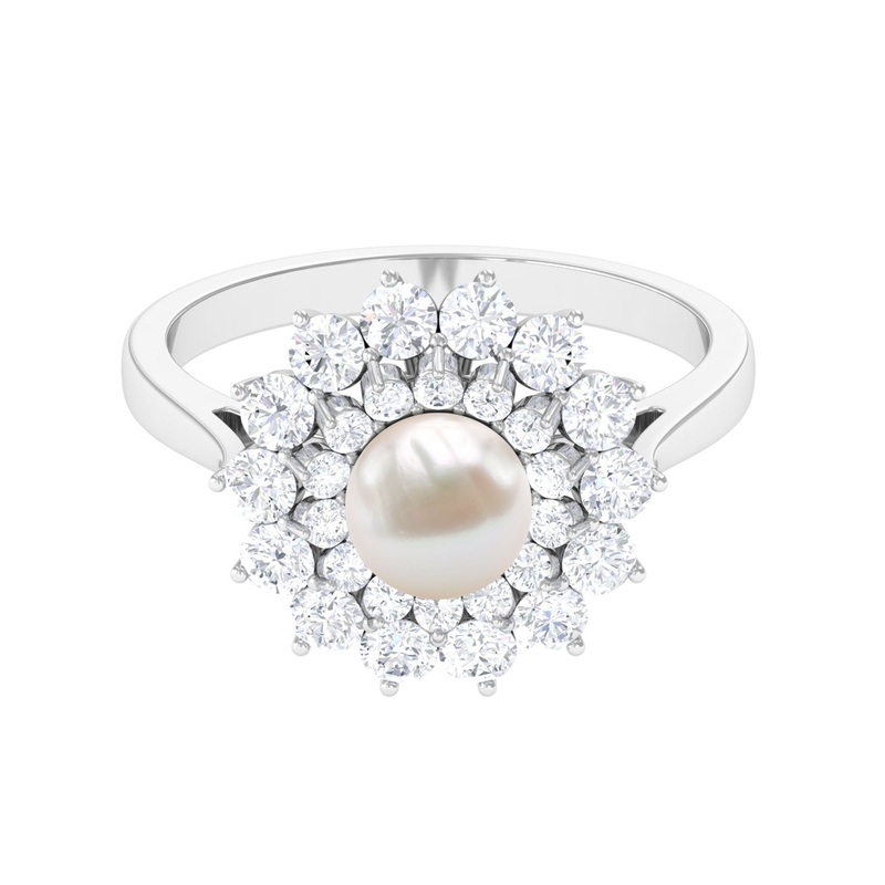 Round Freshwater Pearl Engagement Ring with Moissanite Double Halo