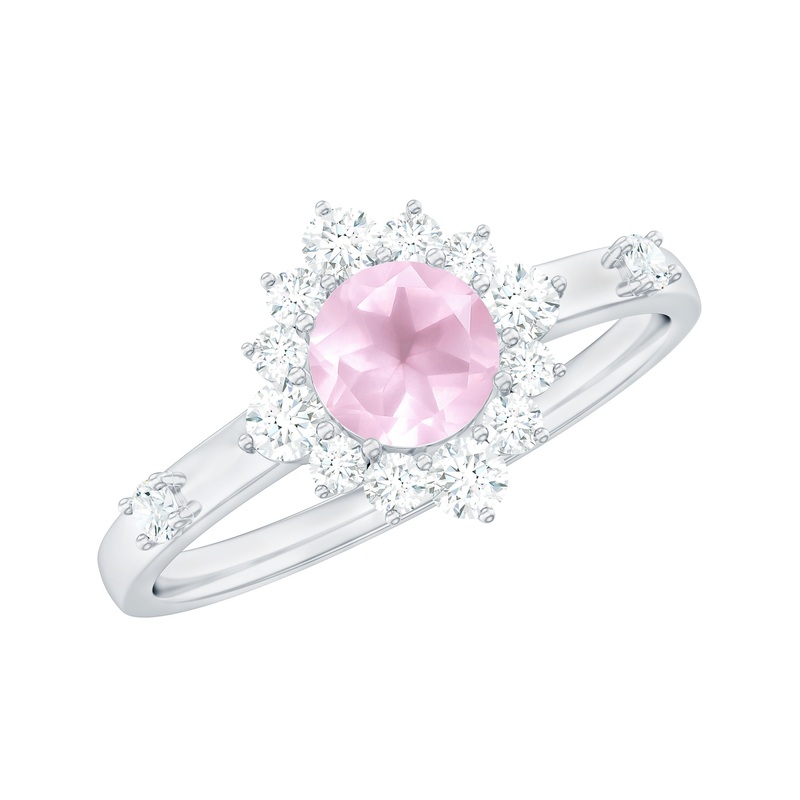 Round Rose Quartz Classic Halo Engagement Ring with Diamond