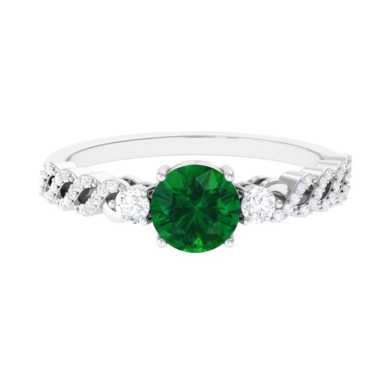Round Shape Created Emerald Designer Engagement Ring with Diamond Side Stones