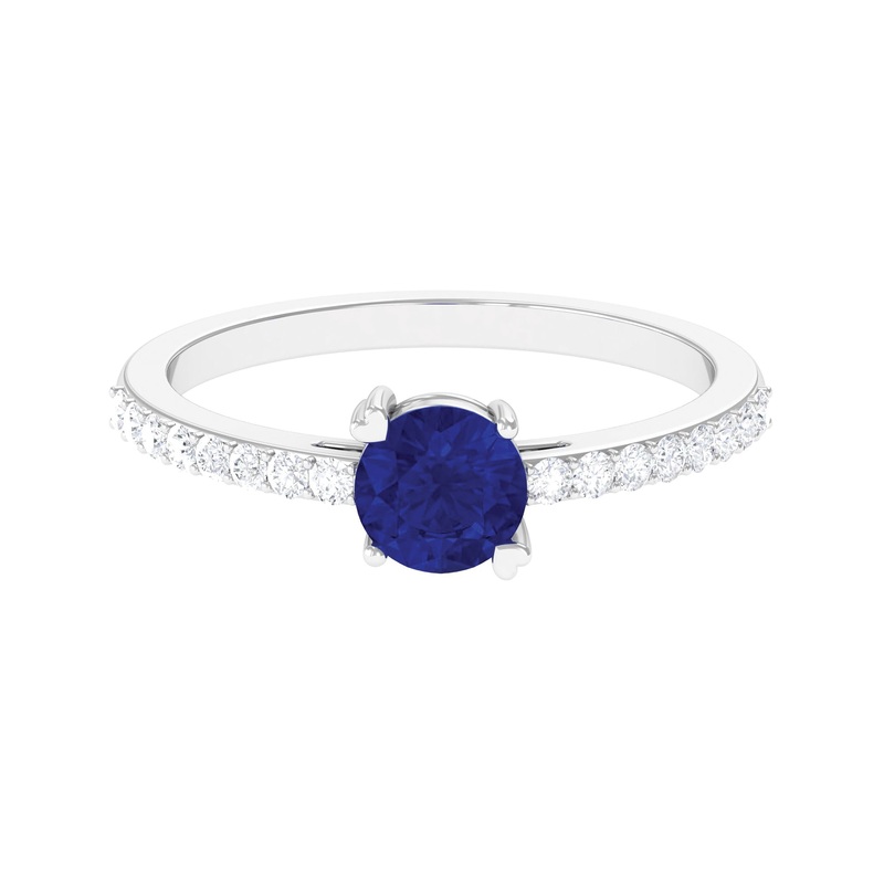 Round Shape Solitaire Created Blue Sapphire Designer Promise Ring with Diamond