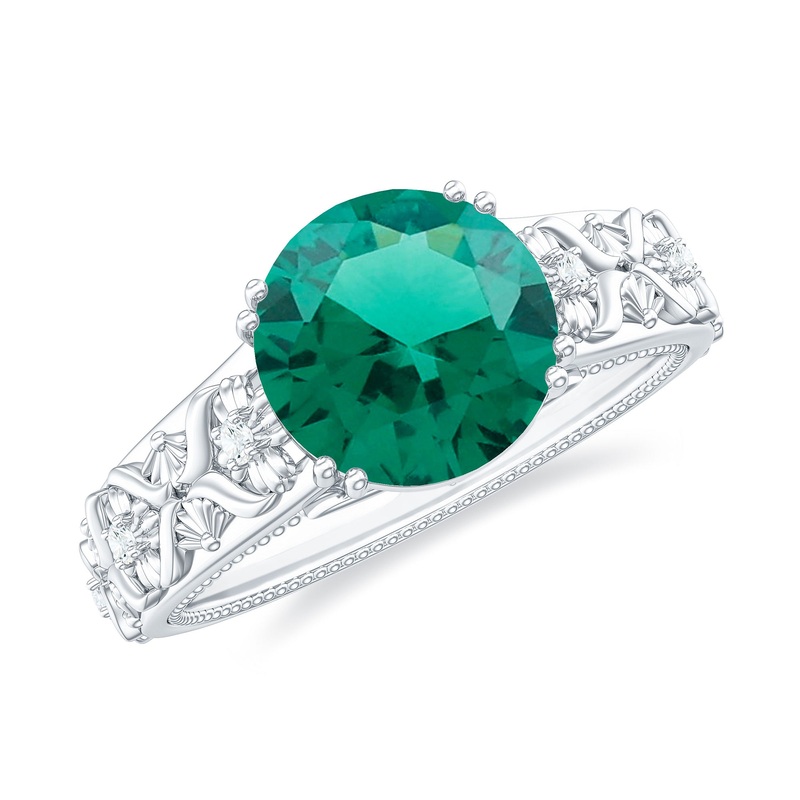Solitaire Created Emerald Flower Engagement Ring with Diamond