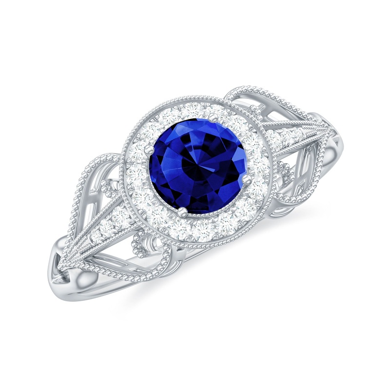 Vintage Created Blue Sapphire Diamond Beaded Engagement Ring