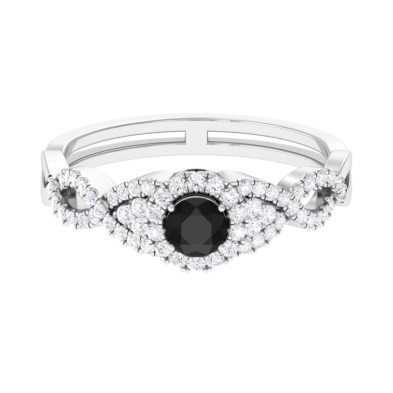 Vintage Crossover Engagement Ring with Created Black Diamond and Diamond