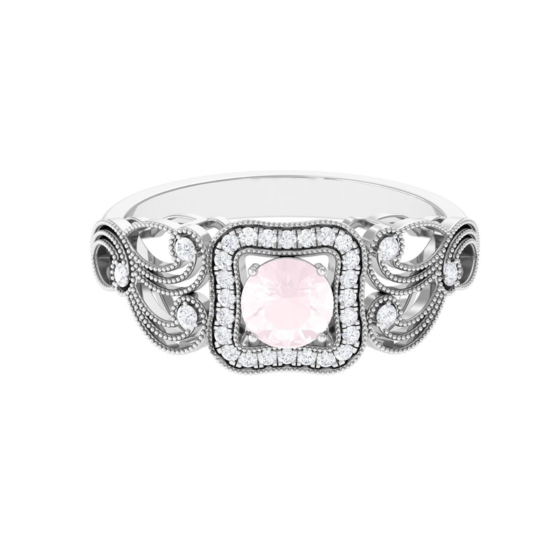Vintage Rose Quartz and Diamond Milgrain Engagement Ring
