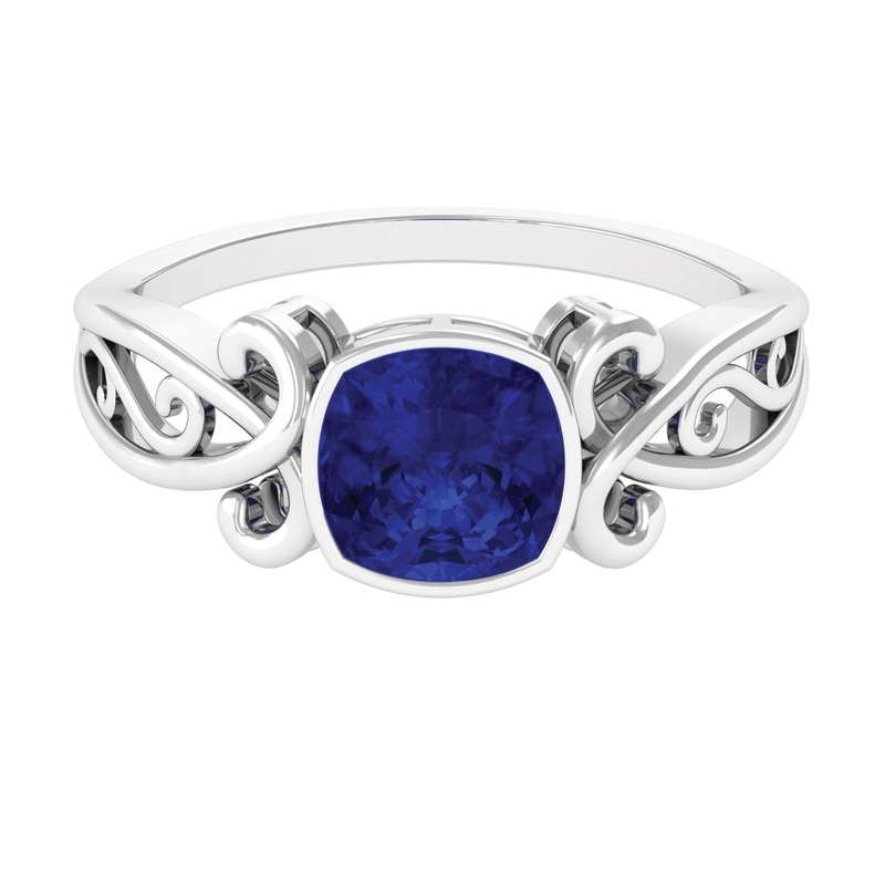 Vintage Style Created Blue Sapphire Solitaire Engagement Ring in Bezel Setting