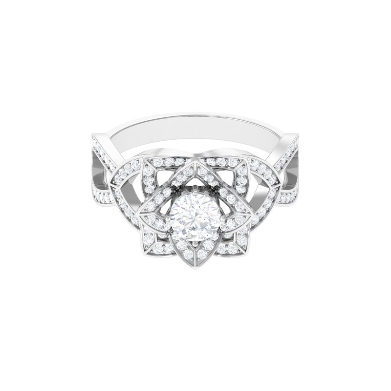 Vintage Style Zircon Floral Engagement Ring with Split Shank