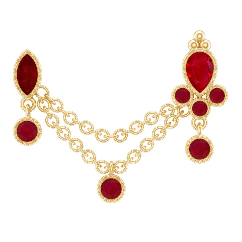 Natural Red Ruby Double Piercing Earring with Dangling Chain
