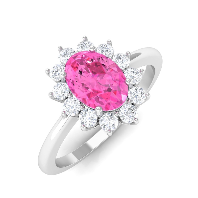 Princess Diana Inspired Oval Cut Pink Sapphire Engagement Ring Diamond Halo