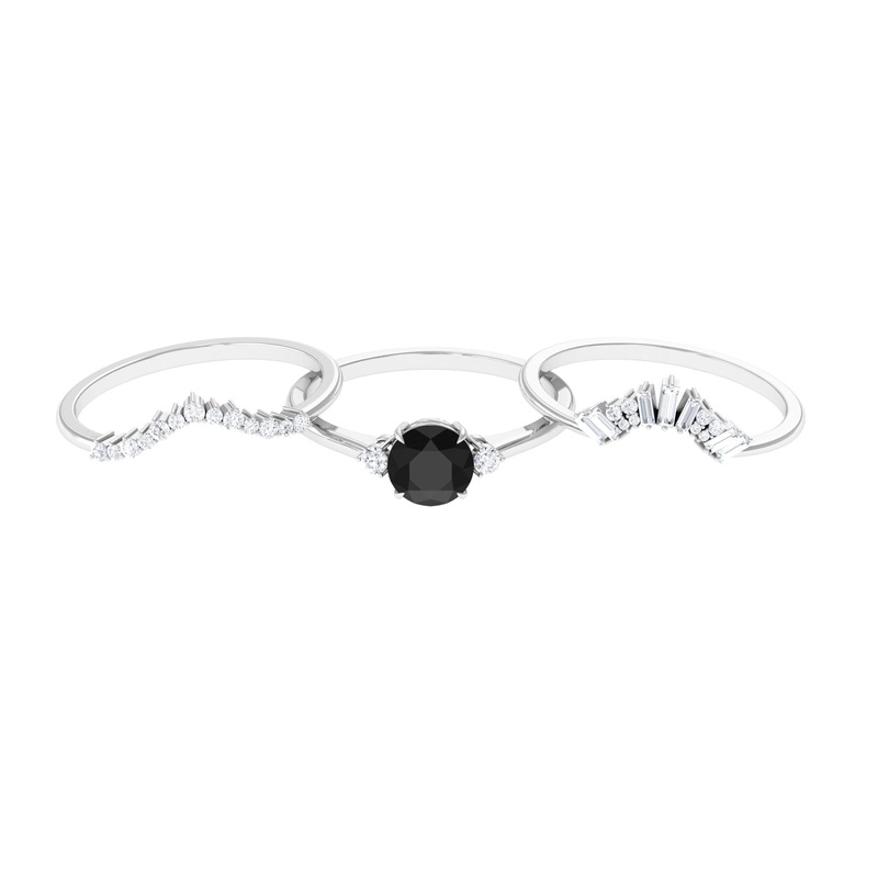 Round Black Spinel Designer Trio Wedding Ring Set with Moissanite