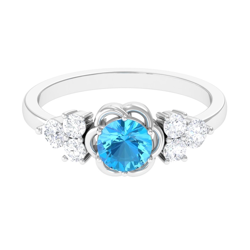 Round Shape Swiss Blue Topaz Floral Engagement Ring with Diamond Trio