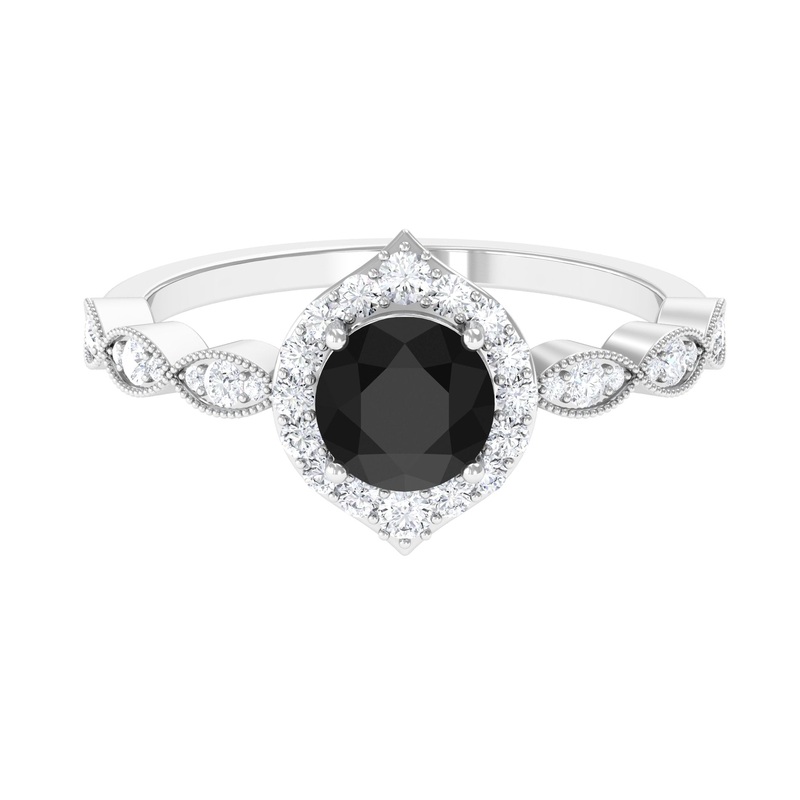 Vintage Style Black Spinel Engagement Ring with Diamond Accent