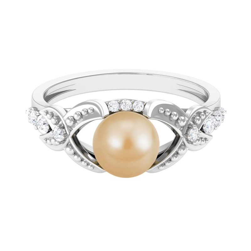 Vintage Style South Sea Pearl and Diamond Engagement Ring with Split Shank