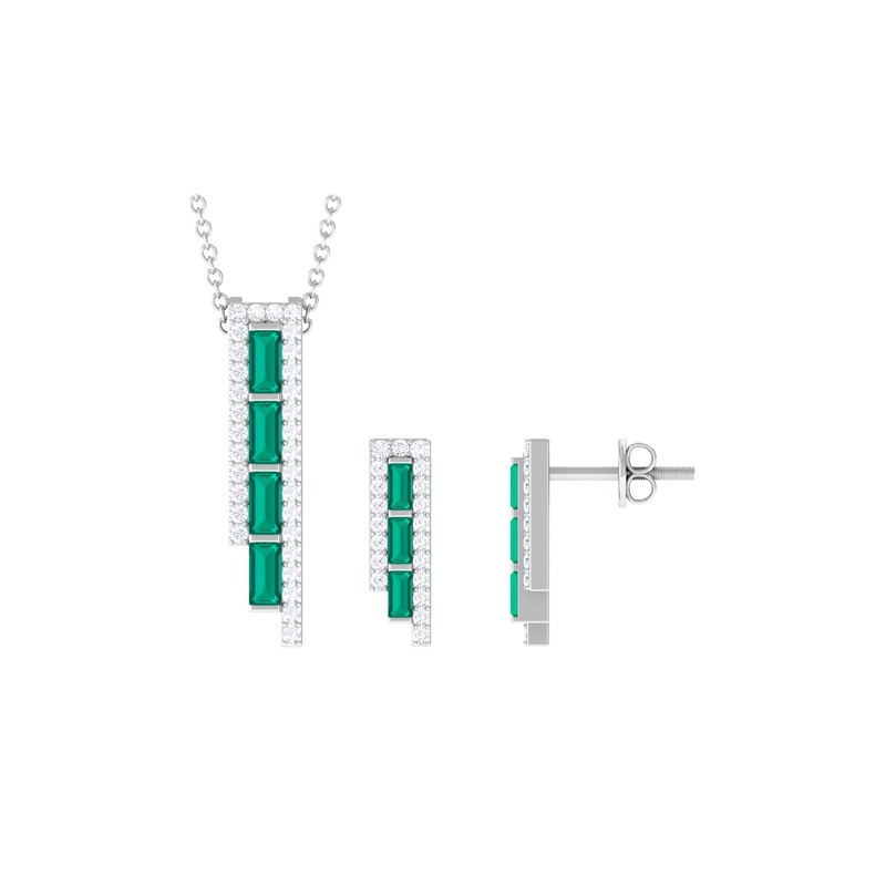 1.75 CT Baguette Cut Emerald Designer Bar Jewelry Set with Diamond