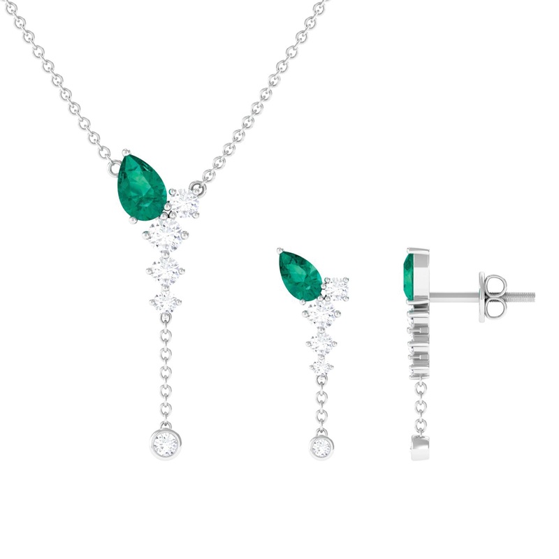 Minimal Emerald Dangle Necklace and Earrings Set with Diamond