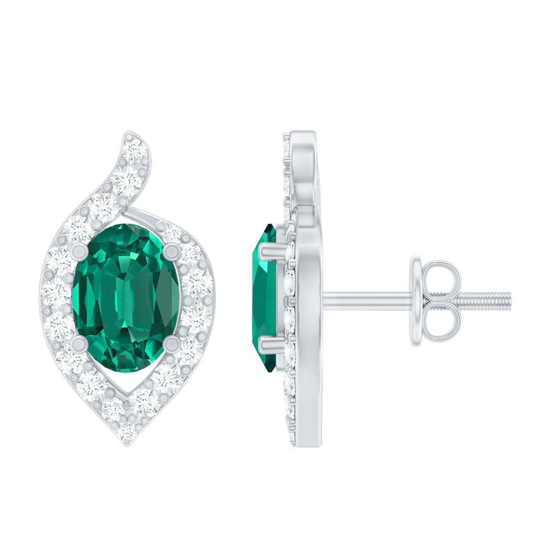 Vintage Inspired Lab Grown Emerald Stud Earrings With Diamond