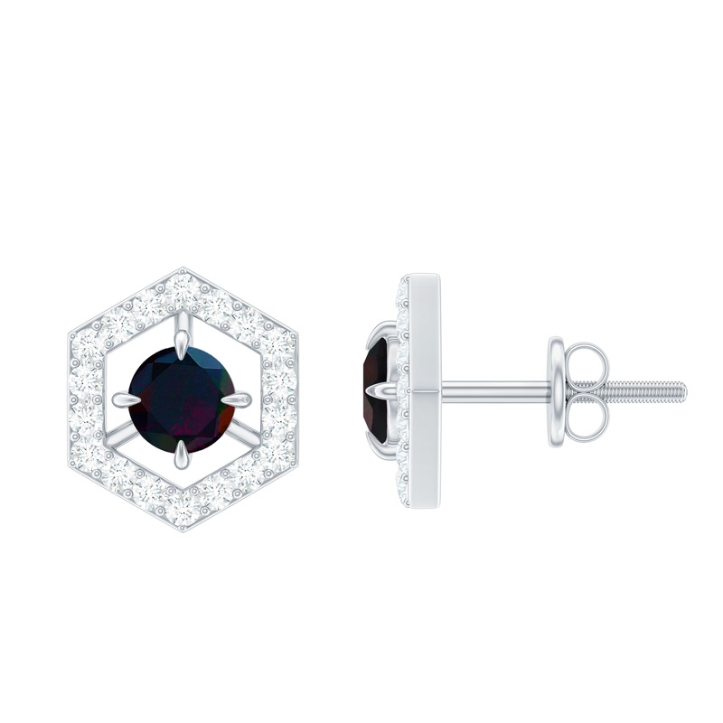 1 CT Minimal Black Opal and Diamond Geometric Stud Earrings