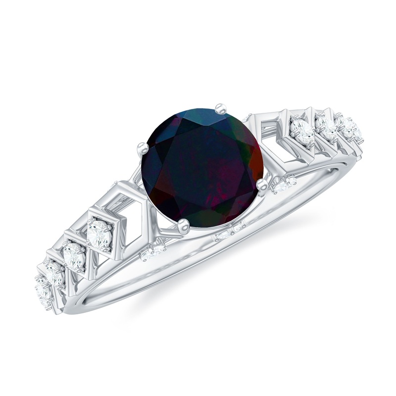 1 CT Round Black Opal Solitaire Art Deco Ring with Diamond
