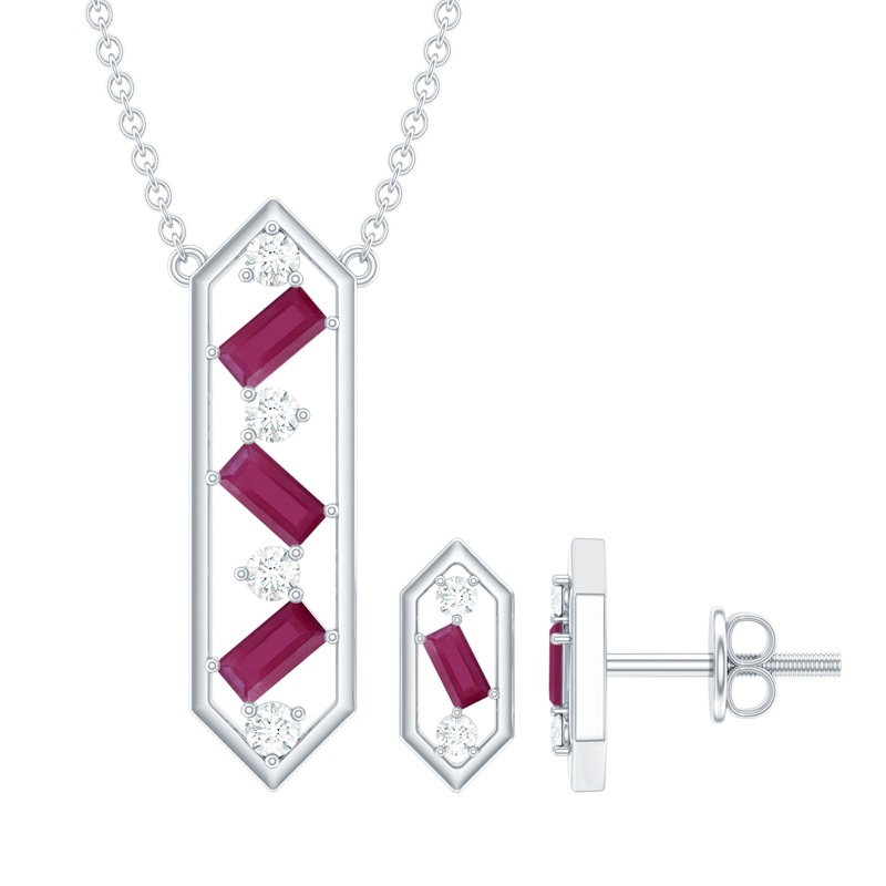Contemporary Ruby and Diamond Dangle jewelry Set
