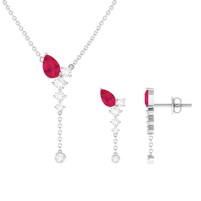 Minimal Ruby Dangle Necklace and Earrings Set with Diamond