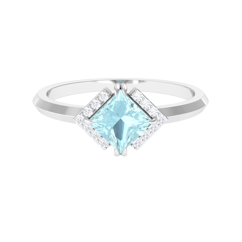 Princess Cut Sky Blue Topaz Simple Engagement Ring with Diamond
