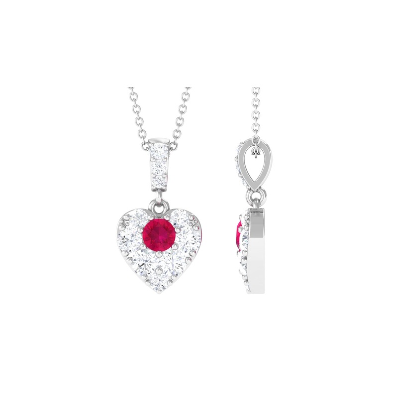 Round Ruby and Moissanite Heart Pendant with Decorative Bail