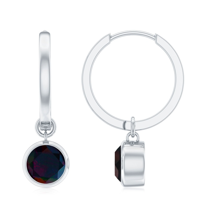 Simple Gold Hoop Drop Earrings with Bezel Set Round Black Opal