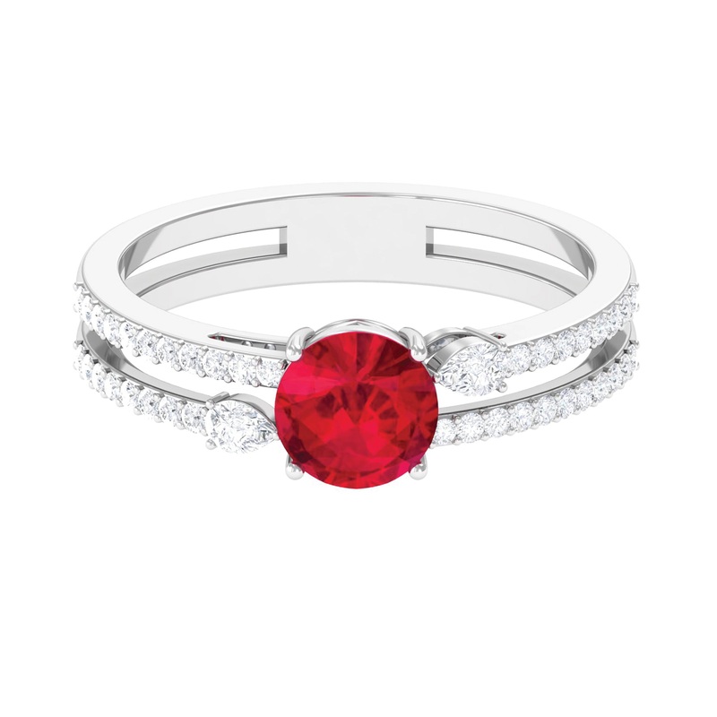 Solitaire Created Ruby Double Band Engagement Ring with Diamond
