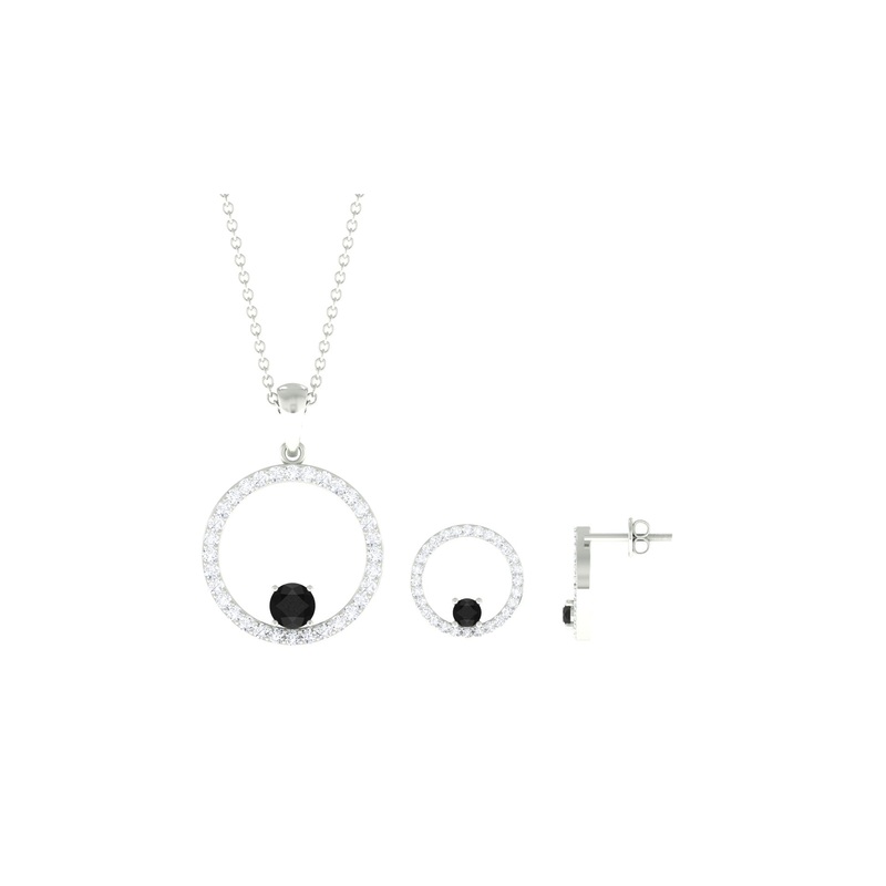 1 CT Black Onyx and Moissanite Open Circle Pendant and Earrings