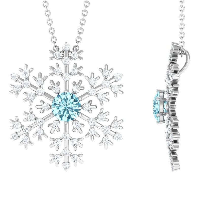 1 CT Snowflake Pendant Necklace with Aquamarine and Diamond