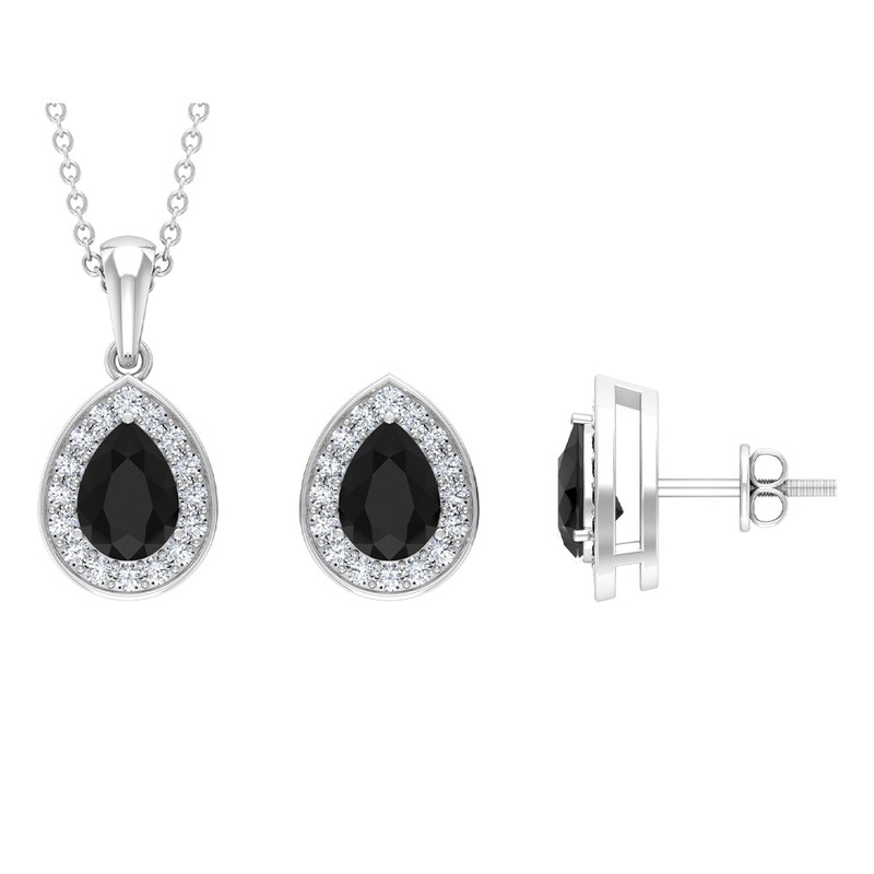 Black Onyx Teardrop jewelry Set with Moissanite Halo