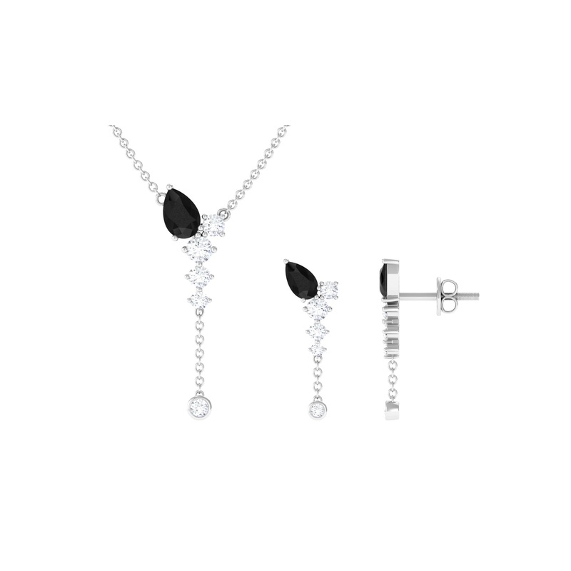 Minimal Black Onyx Dangle Necklace and Earrings Set in Gold with Moissanite
