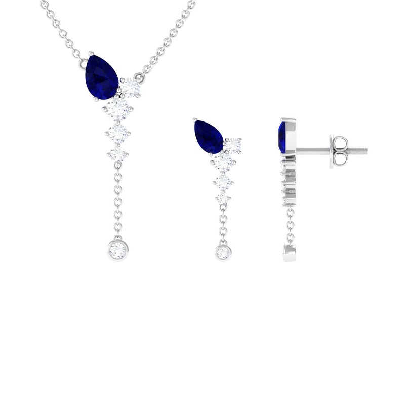 Minimal Blue Sapphire Dangle Necklace and Earrings Set with Diamond