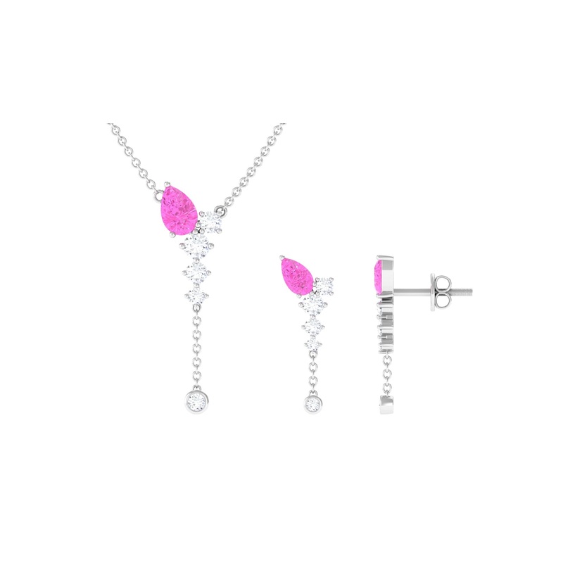 Minimal Pink Sapphire Dangle Necklace and Earrings Set with Diamond